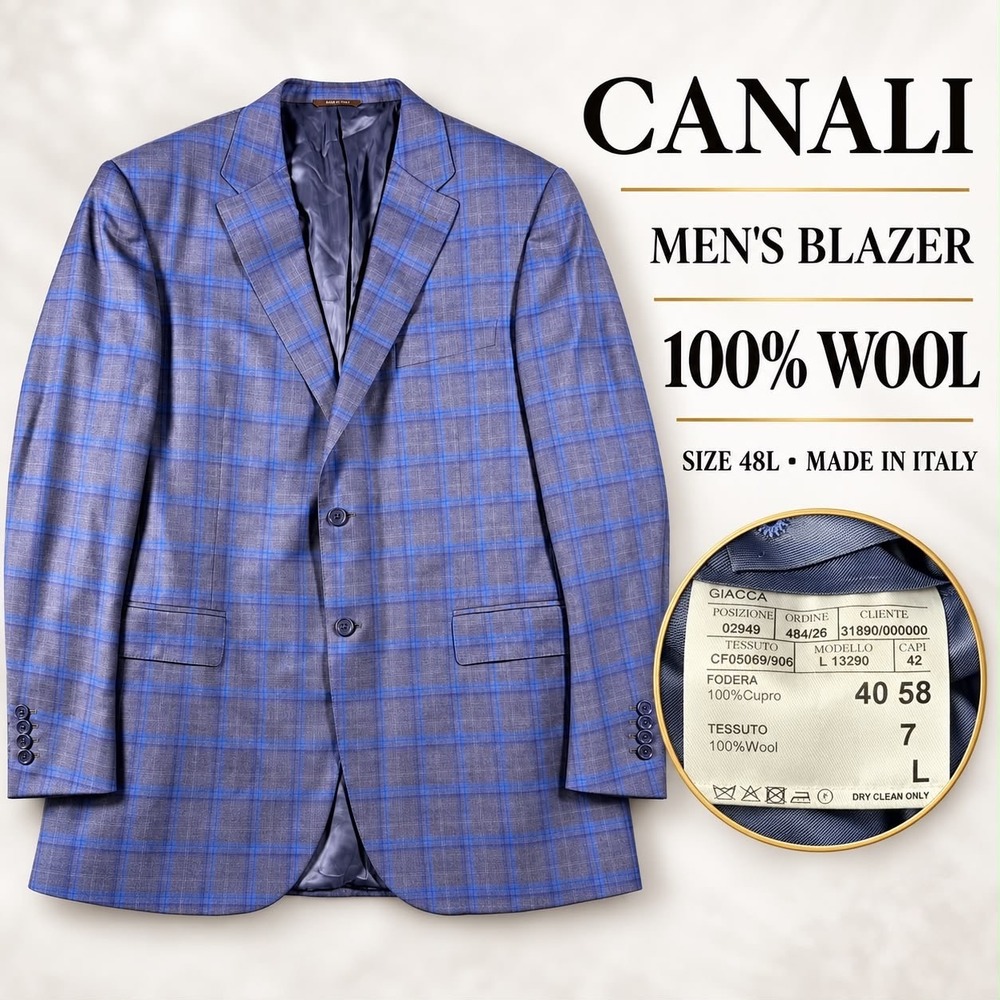 Canali Sport Coat Mens 48L Blue Purple Plaid Wool 2 Button Blazer Italy Made